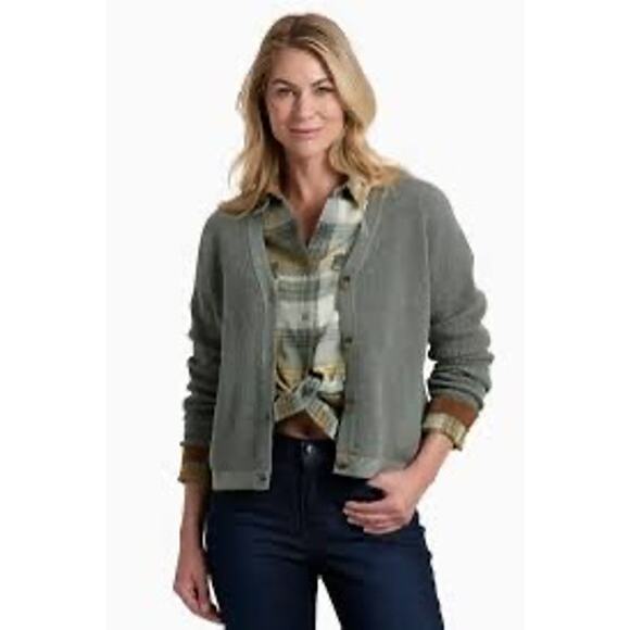 Kuhl Brynn Cardigan Sweater Soft Pine Green Meriono Wool Organic Cotton Sz S - Picture 2 of 6